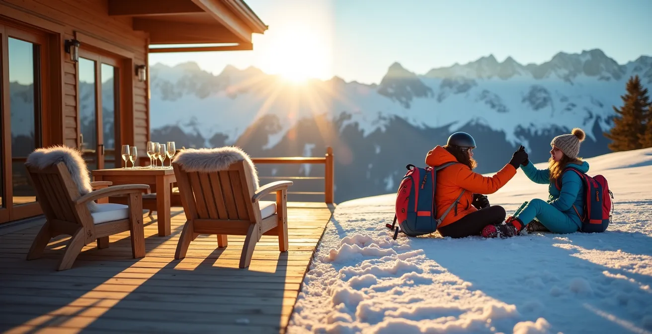 Vue comparative montrant deux groupes de skieurs dans des ambiances différentes sur les pistes