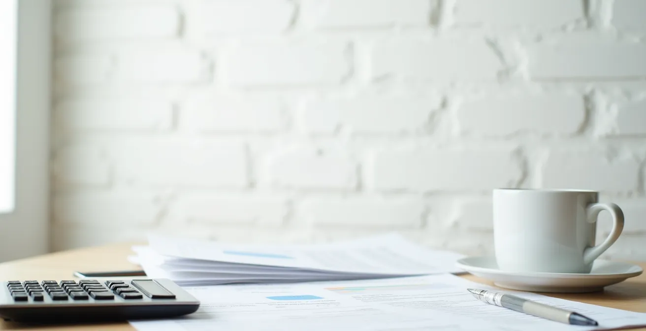 Bureau minimaliste avec documents financiers flous et calculatrice, lumière naturelle par la fenêtre