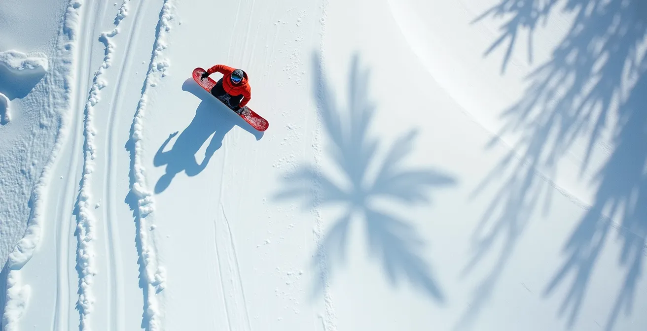 Vue aérienne montrant les angles morts d'un snowboarder en position frontside et backside