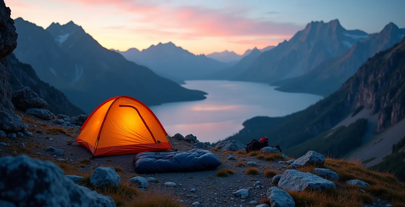 Emplacement de bivouac optimal sur un replat rocheux au-dessus d'un lac de montagne