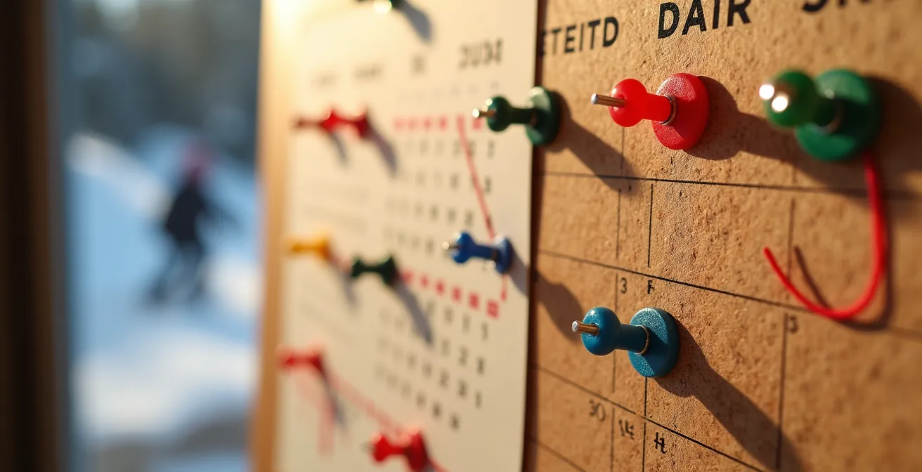 Calendrier mural avec des épingles colorées marquant les dates clés de réservation pour un séjour au ski