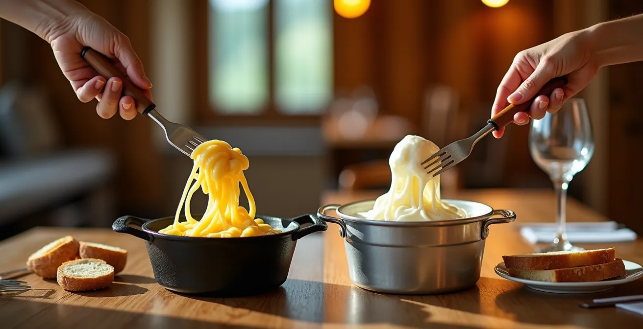Caquelon en fonte traditionnelle sur réchaud avec vue sur restaurant de montagne authentique