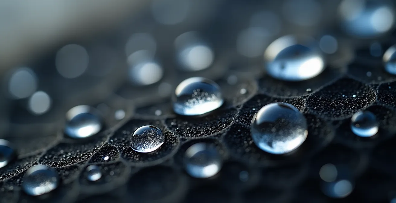 Gros plan macro sur la texture alvéolée du néoprène avec gouttelettes d'eau perlant sur la surface