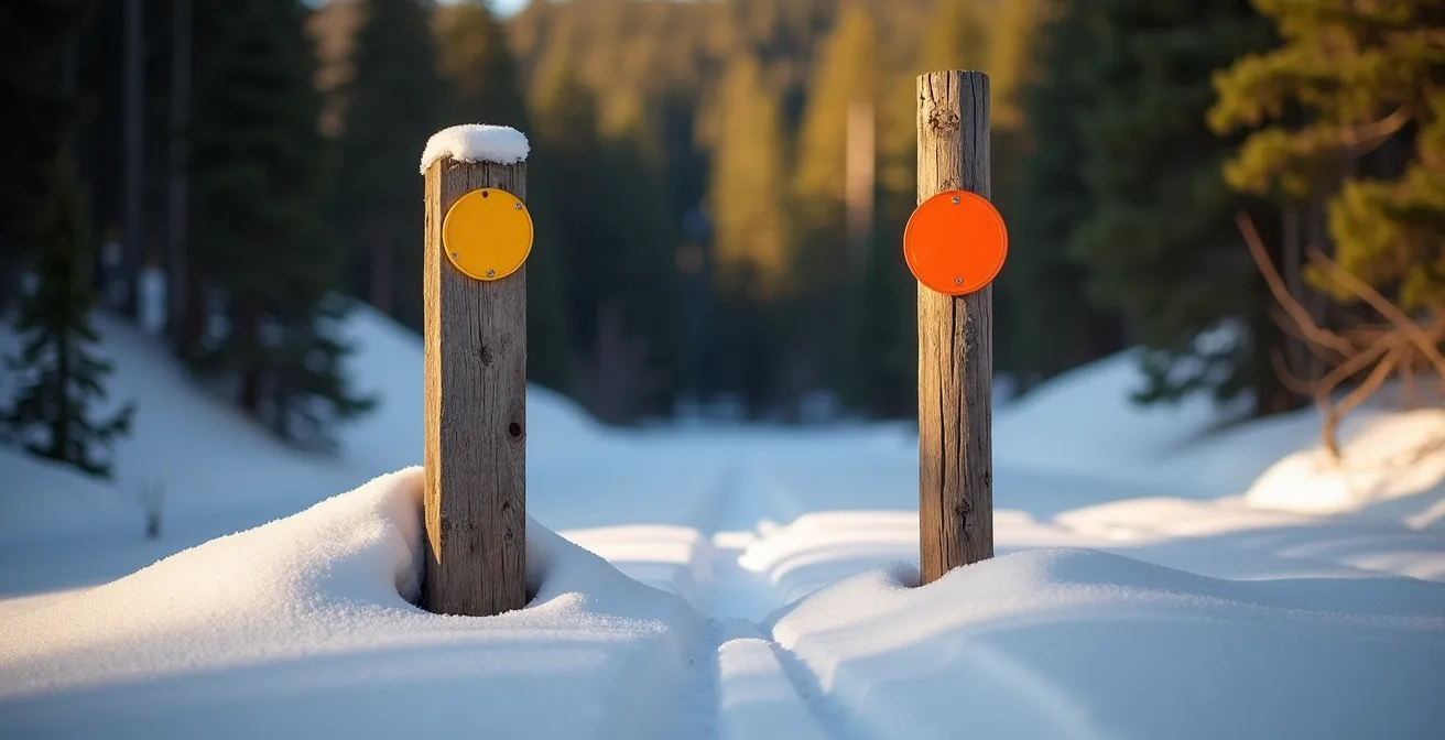Comparaison visuelle entre balisage d'été et jalons d'hiver sur sentier enneigé