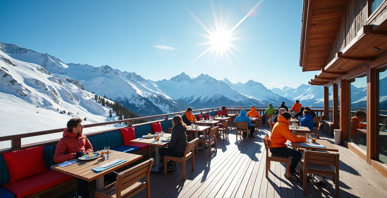 Terrasse de restaurant d'altitude ensoleillée avec skieurs profitant du déjeuner en montagne