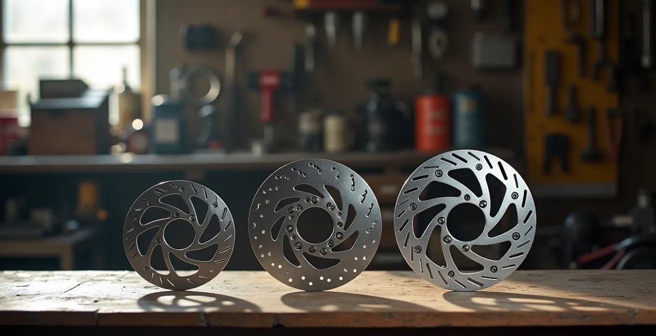 Trois disques de frein VTT de différentes tailles (180, 203 et 220mm) alignés sur un établi d'atelier