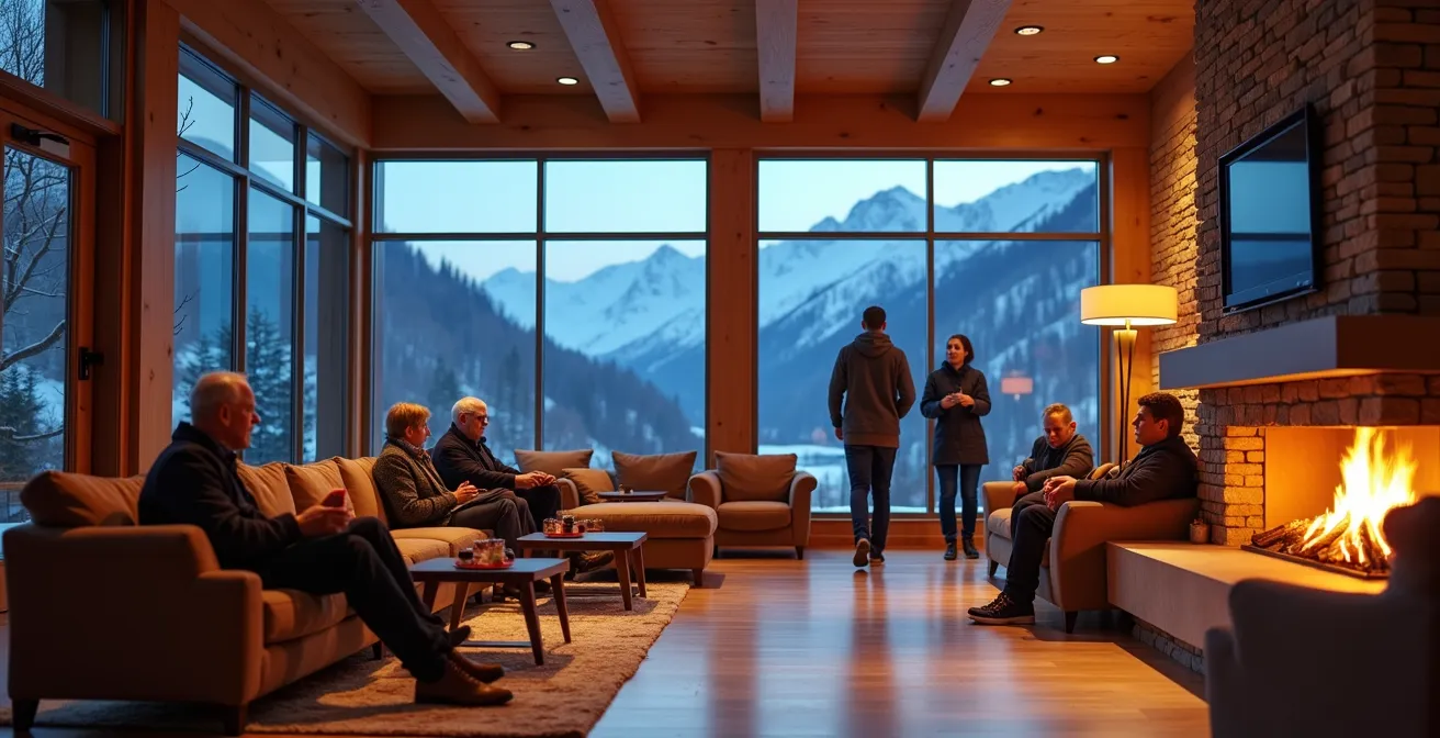 Hall d'accueil chaleureux d'un hôtel de montagne avec architecture moderne