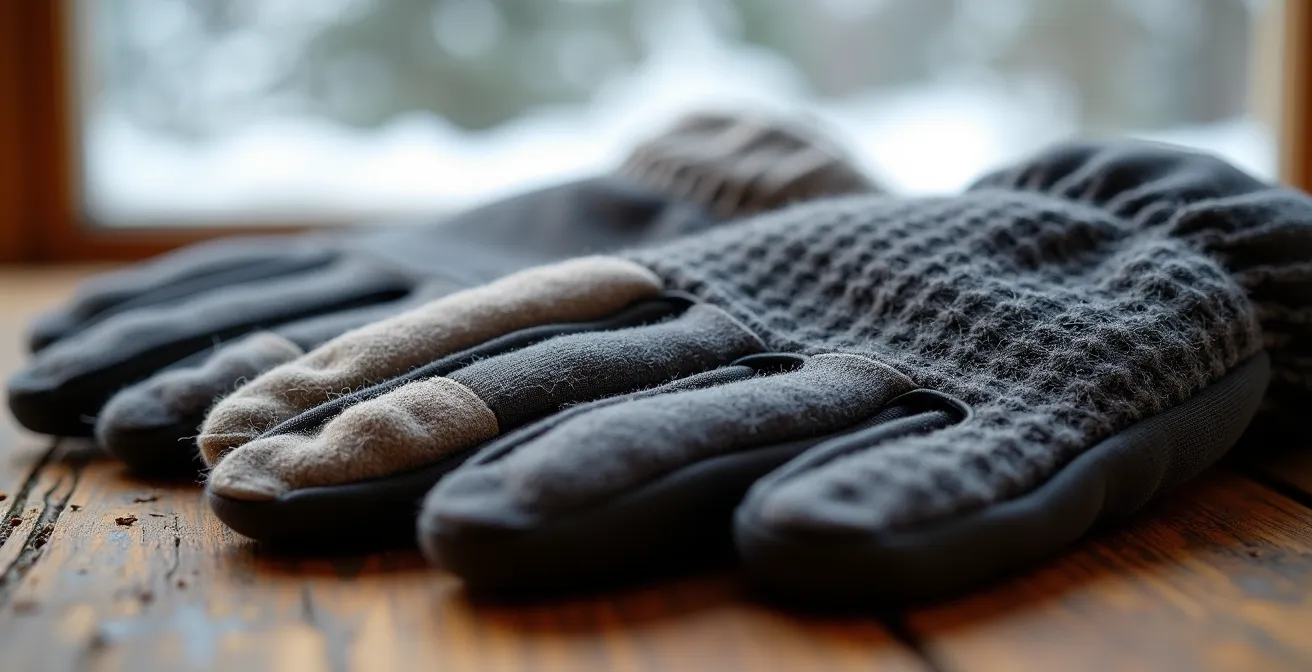 Trois types de sous-gants posés sur une table en bois avec neige en arrière-plan : soie lisse, mérinos texturé, synthétique technique.