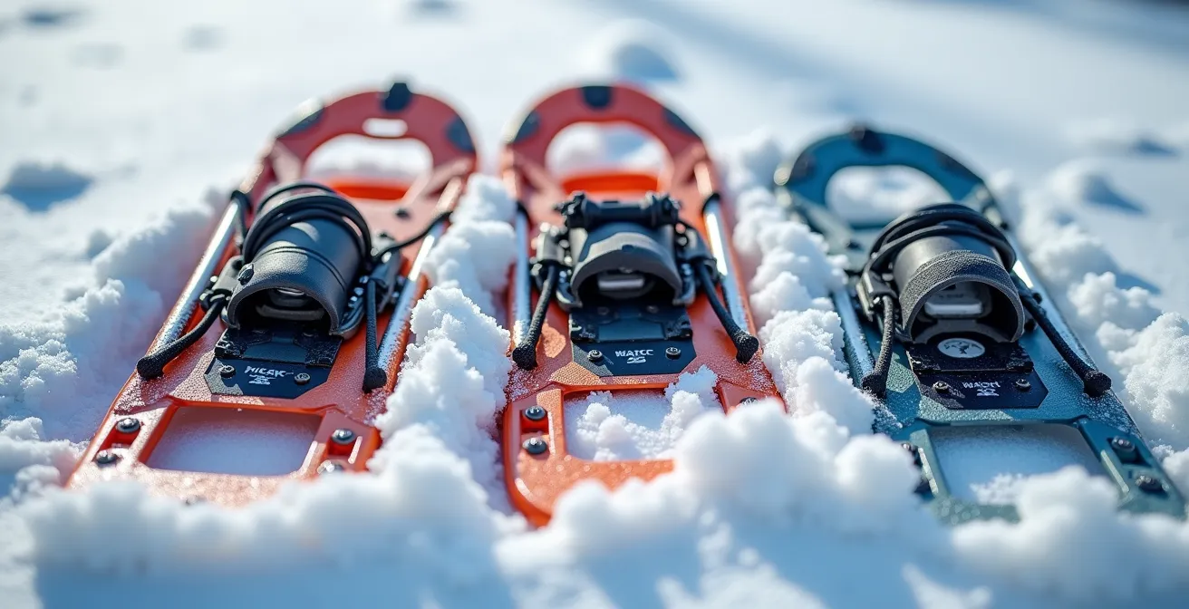 Comparaison visuelle de différentes largeurs de tamis de raquettes à neige sur différents types de terrain enneigé