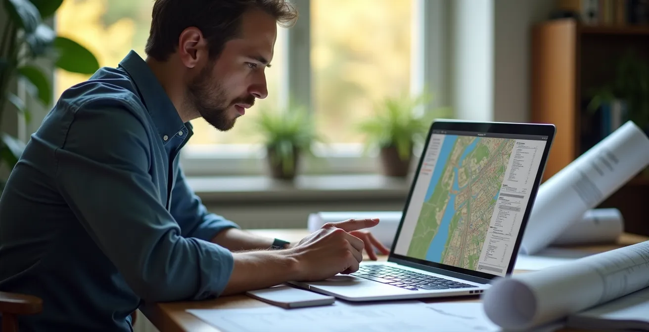 Personne consultant une carte d'urbanisme sur ordinateur pour vérifier les règles de construction