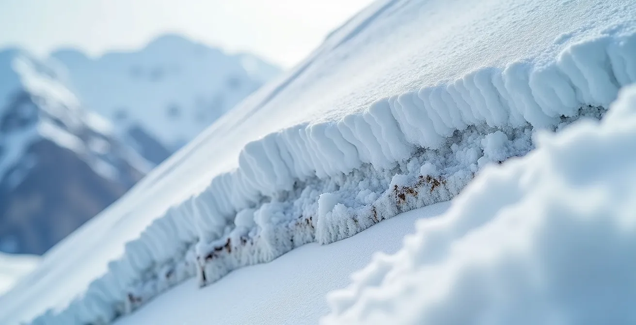 Coupe transversale d'un manteau neigeux montrant les couches fragiles sur une pente à 30 degrés