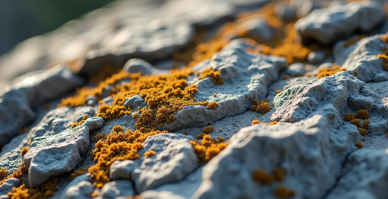 Détail macro de la texture du granit en montagne sous lumière zénithale