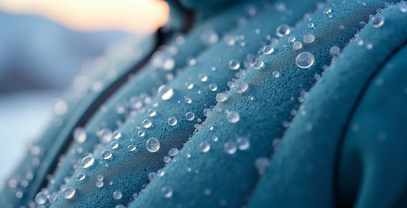 Skieur de randonnée en montée avec polaire légère, transpiration visible en contraste avec environnement glacé