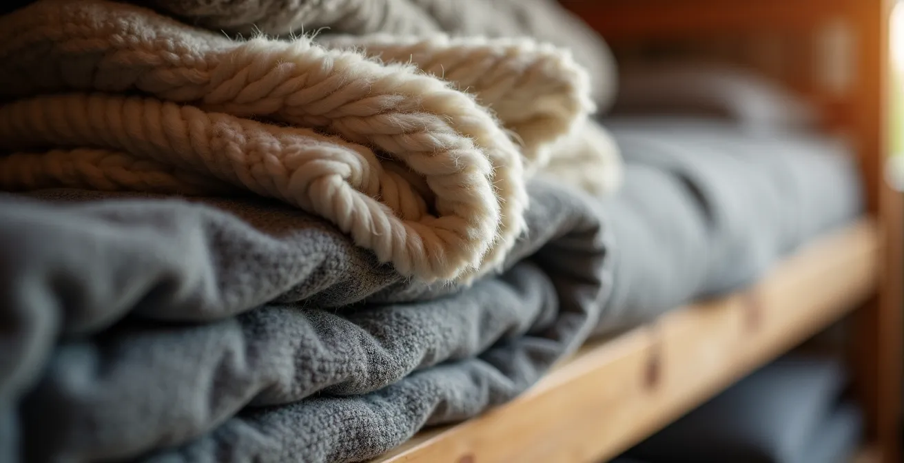 Intérieur d'un dortoir de refuge de montagne avec lits superposés en bois et couvertures pliées