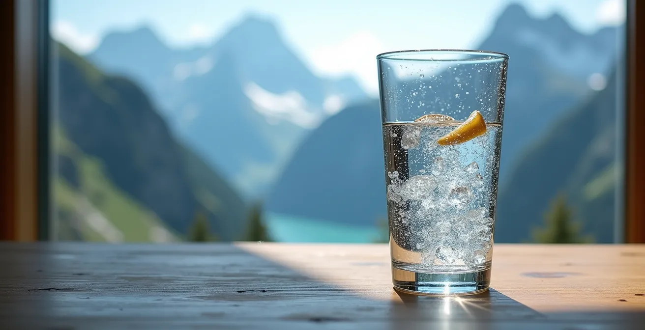 Verre d'eau cristalline sur une table en bois avec montagnes enneigées en arrière-plan