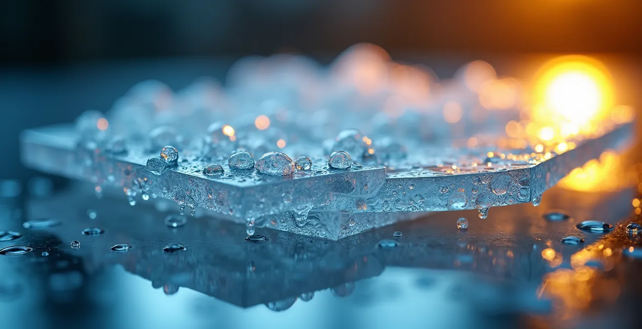 Coupe transversale de tissus techniques montrant l'accumulation de condensation entre les couches