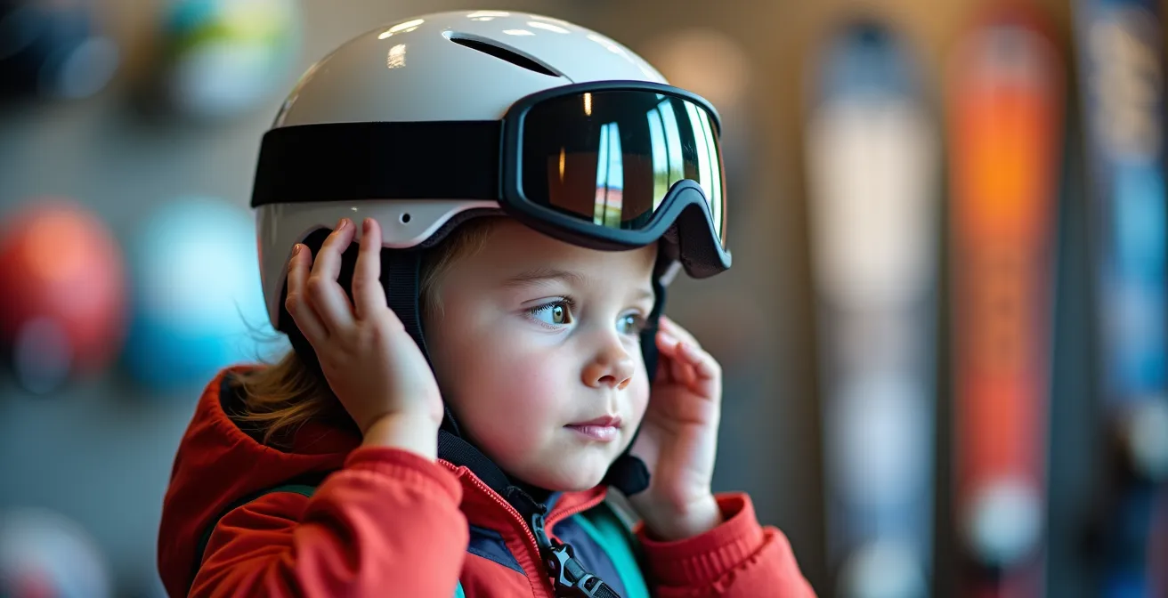 Enfant essayant un casque de ski dans un magasin de sport avec test d'ajustement