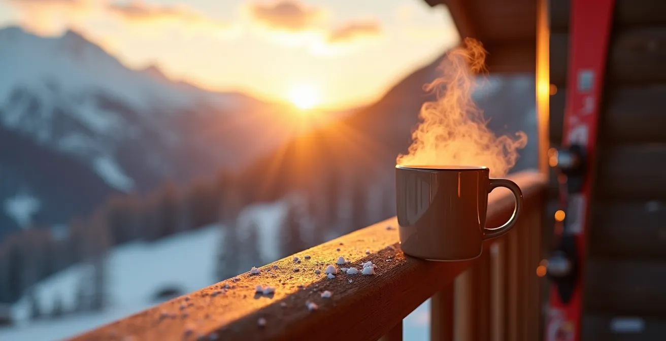 Terrasse ensoleillée d'appartement de montagne en fin d'après-midi avec skis posés contre le mur