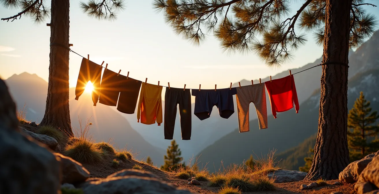 Sous-vêtements techniques merinos et synthétiques séchant sur une corde avec un paysage montagnard en arrière-plan
