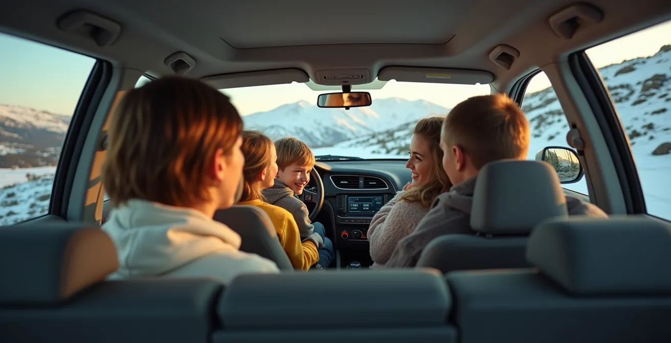 Famille heureuse dans une voiture traversant un paysage de montagne hivernal