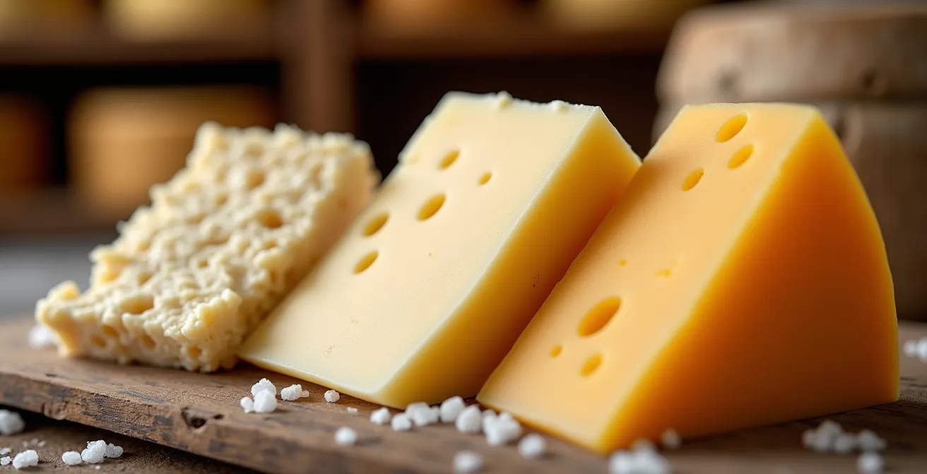 Meules de fromages AOP Beaufort et Abondance dans une cave d'affinage traditionnelle savoyarde