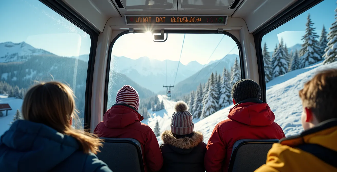 Vue intérieure d'un funiculaire moderne montant vers une station de ski des Alpes