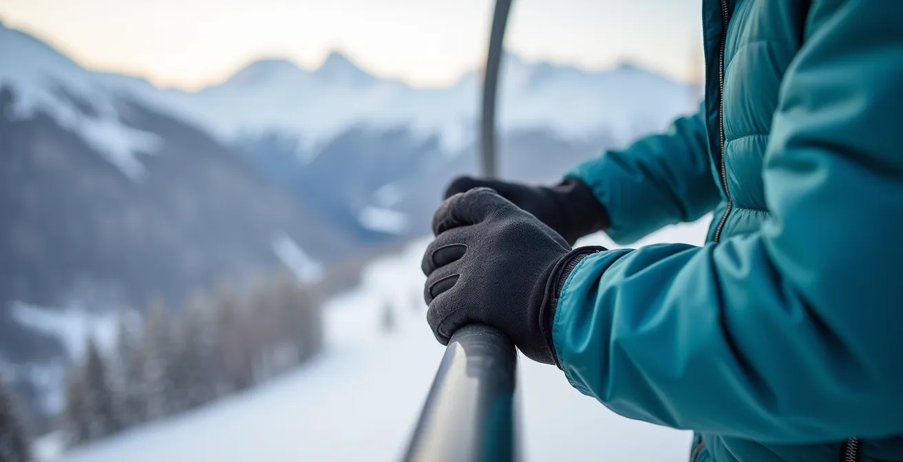 Gants tactiles utilisés sur un télésiège avec vue sur les montagnes enneigées, montrant une bonne pratique de protection.