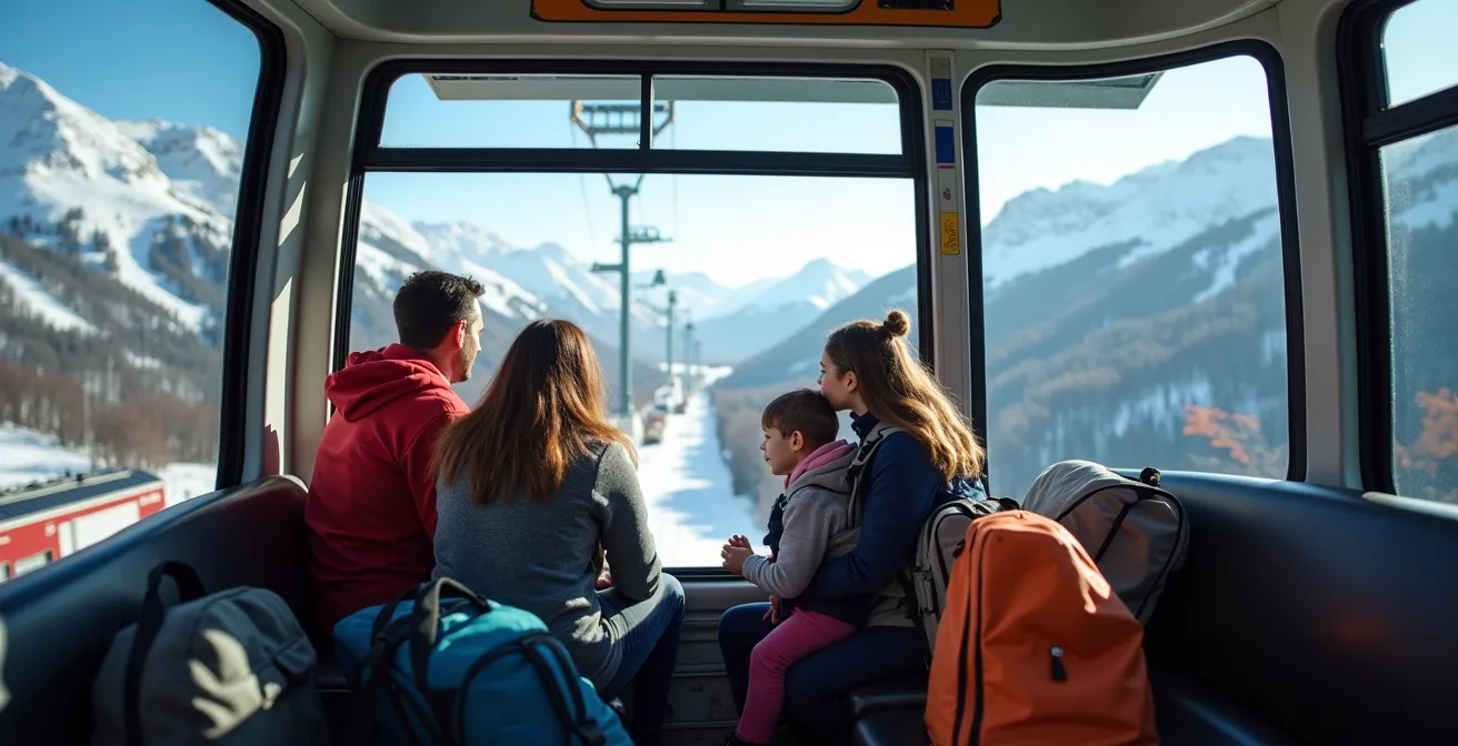 Famille avec enfants et bagages dans le funiculaire reliant la gare aux Arcs