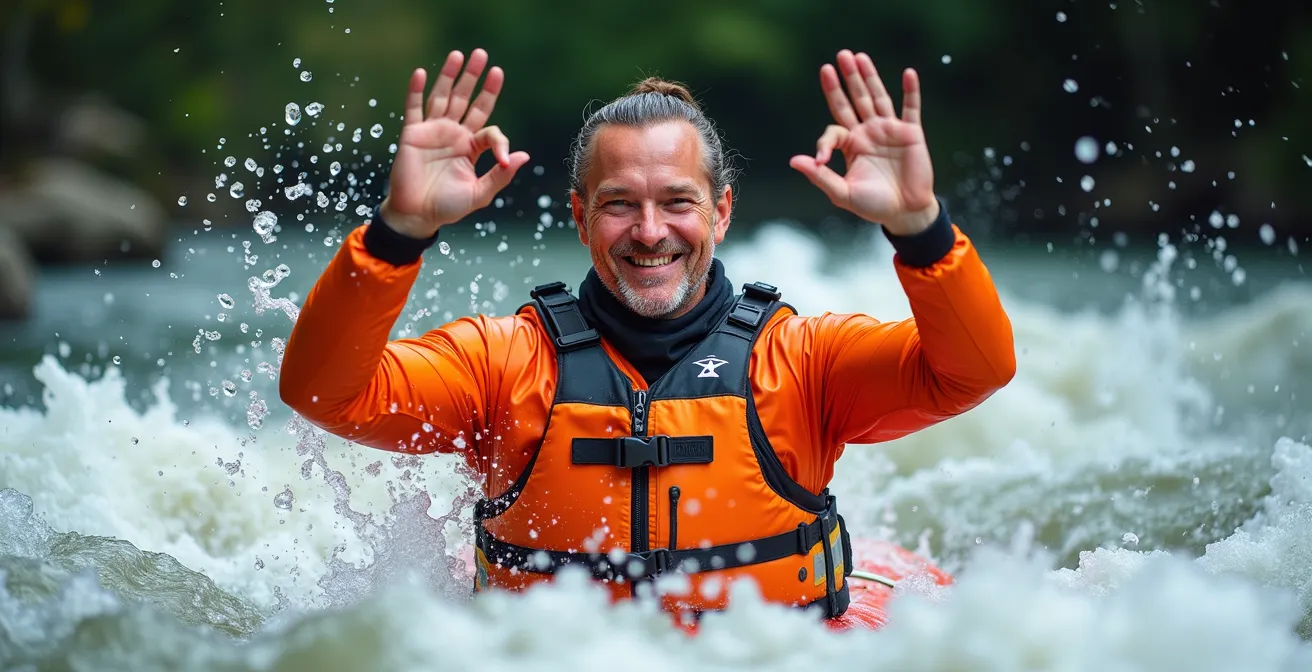 Guide de rafting en combinaison orange démontrant le signal OK universel au milieu des rapides