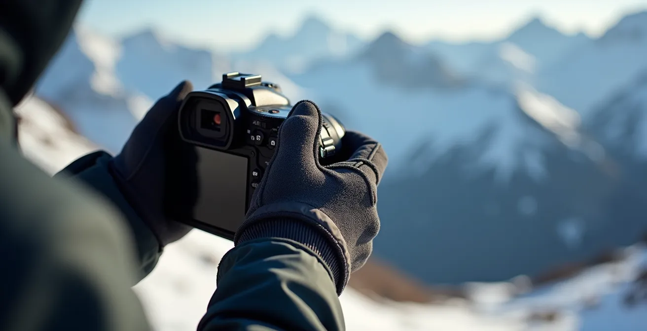 Appareil photo montrant un histogramme équilibré lors d'une prise de vue en montagne enneigée
