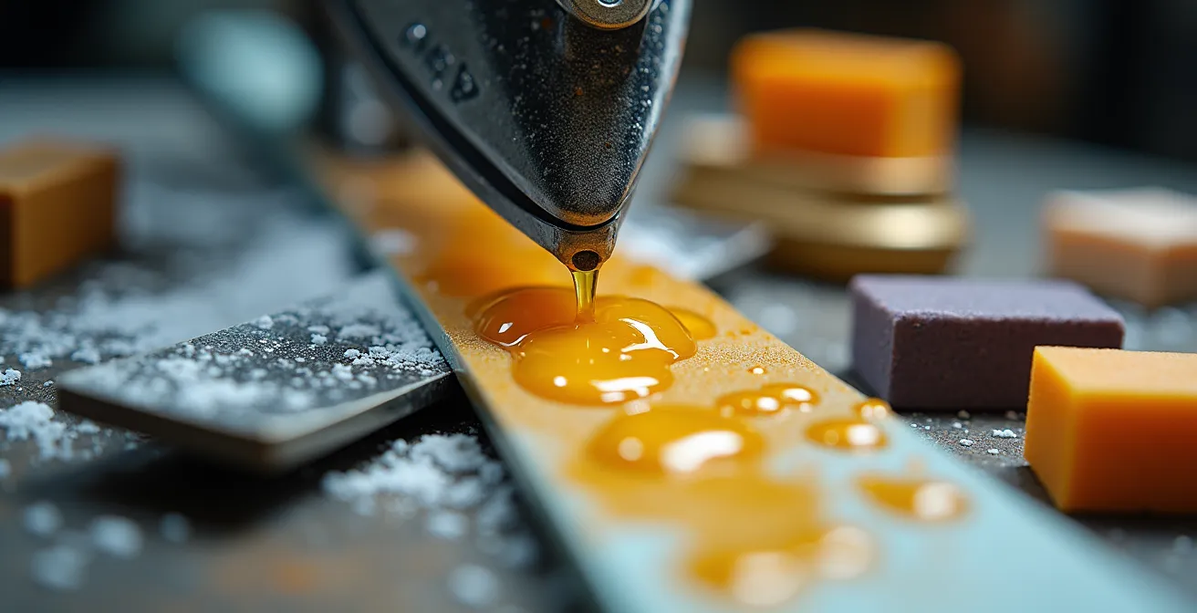 Un atelier de fartage domestique avec fer, fart et skis posés sur un établi