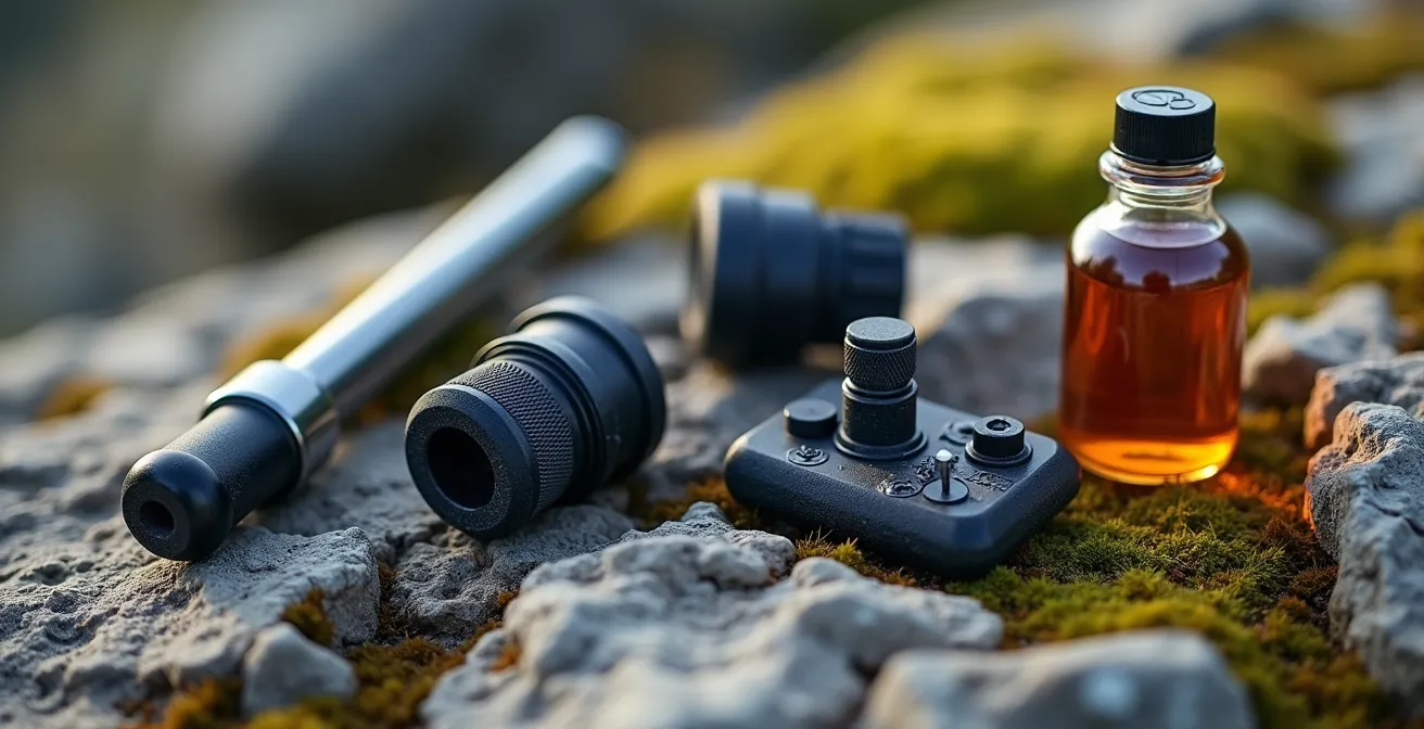 Kit de réparation tubeless avec mèches et liquide préventif en situation montagne