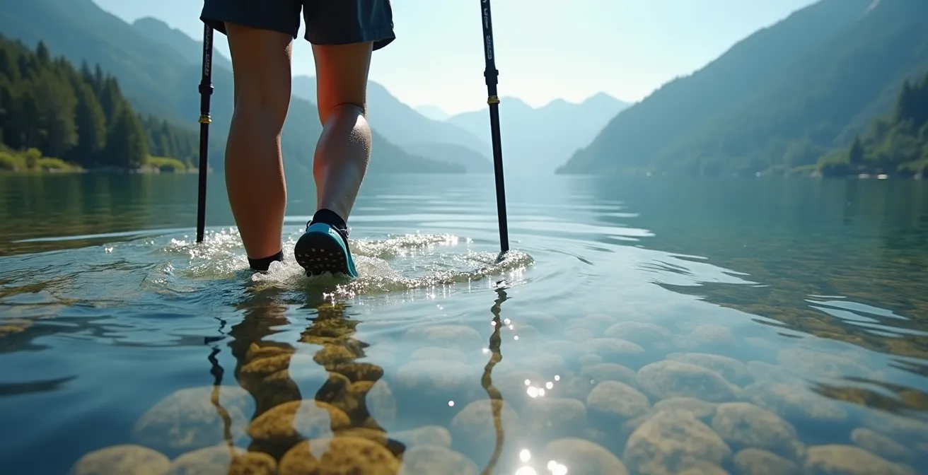 Personne pratiquant le longe-côte dans un lac de montagne aux eaux cristallines