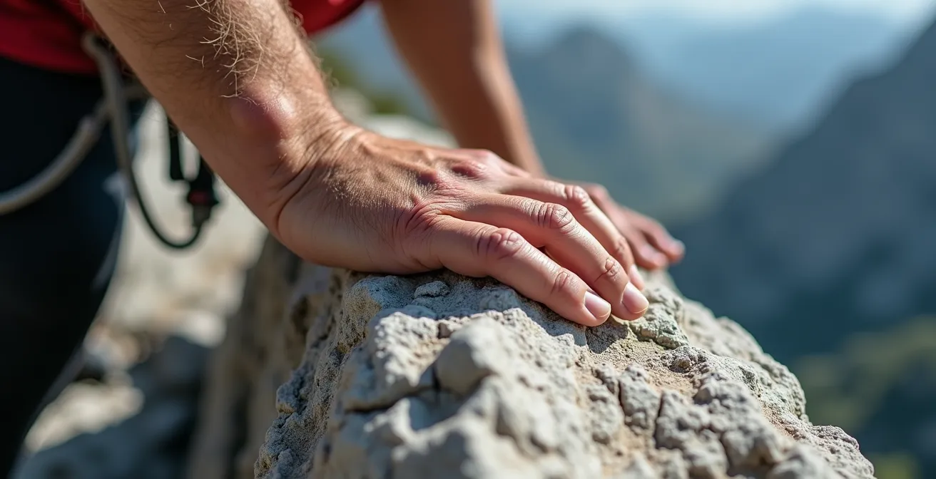 Main d'un grimpeur effectuant un test de stabilité sur un bloc de calcaire avec des lignes de fracture visibles