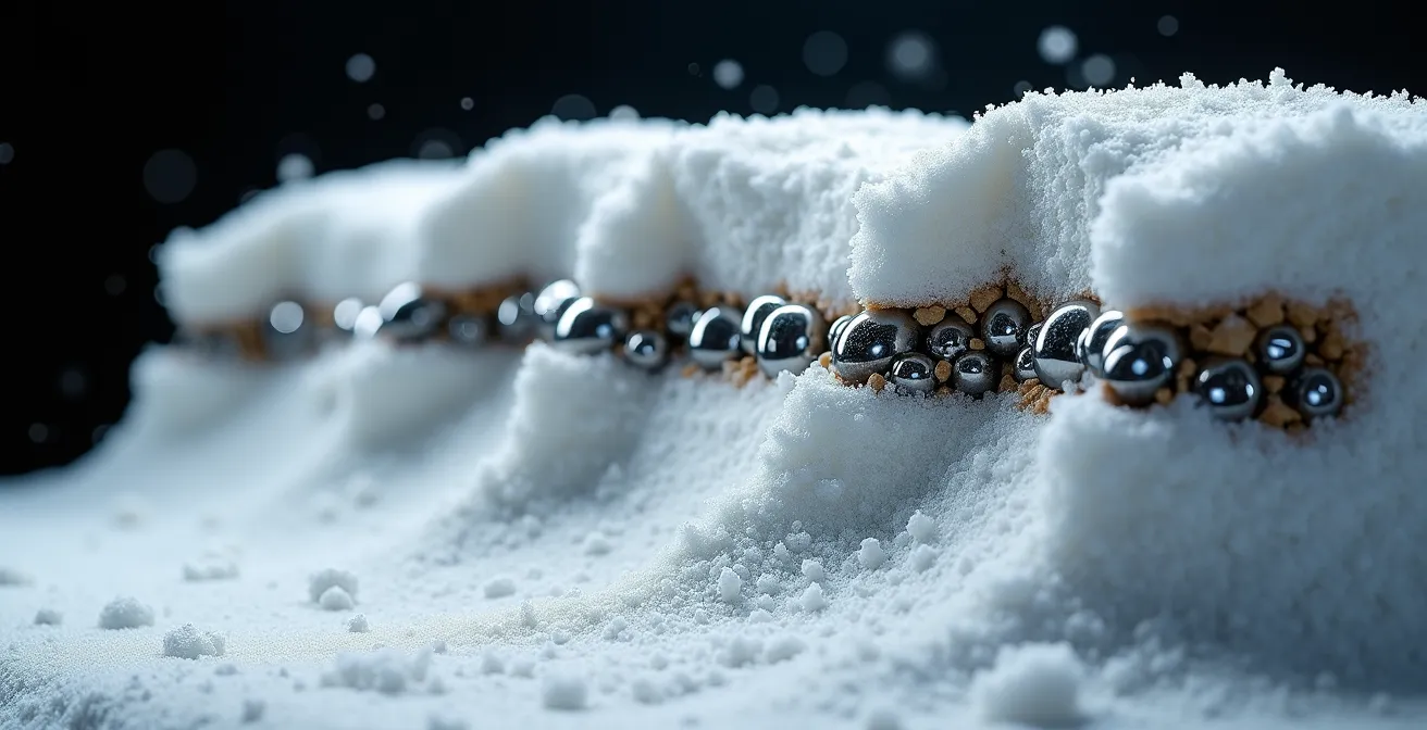 Vue en coupe du manteau neigeux montrant les couches et le givre de profondeur