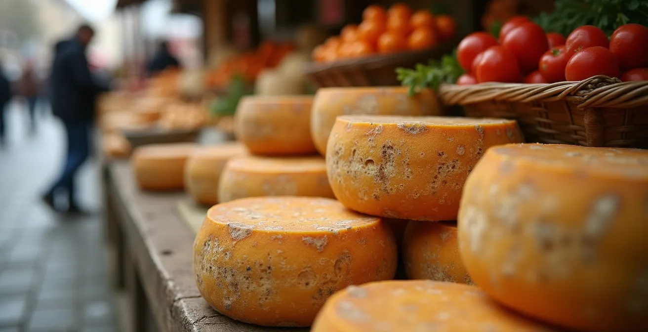 Marché de producteurs locaux en station de ski avec fromages et produits régionaux