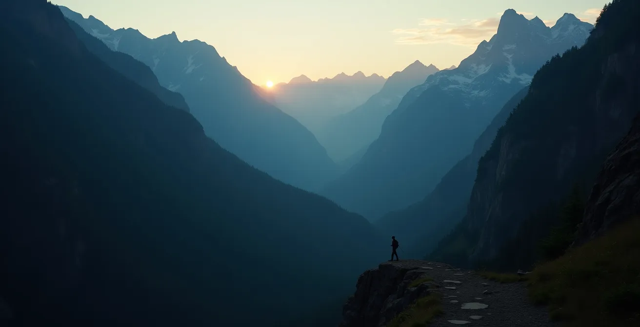 Vallée encaissée montrant l'effet du masque topographique au crépuscule
