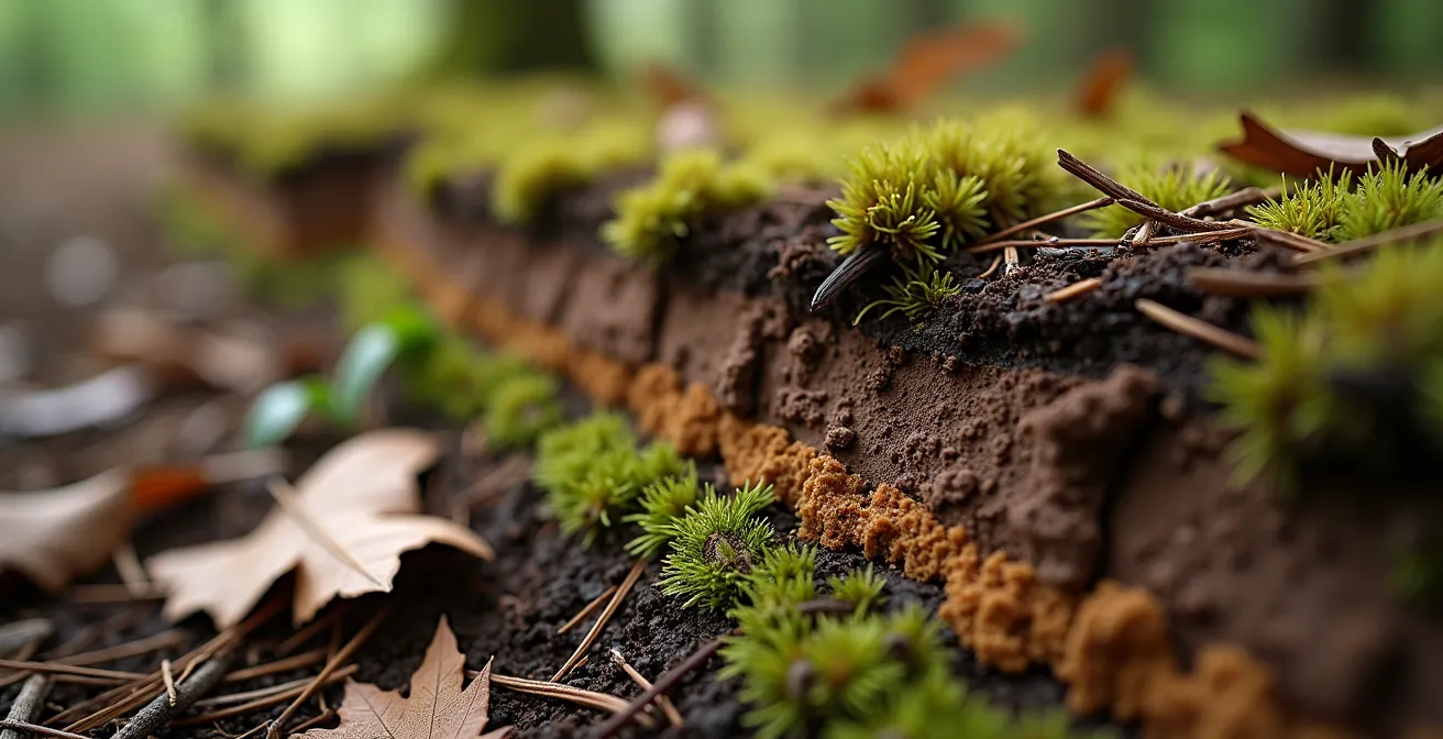 Couches épaisses de feuilles mortes et branches de sapin formant un matelas isolant naturel en forêt