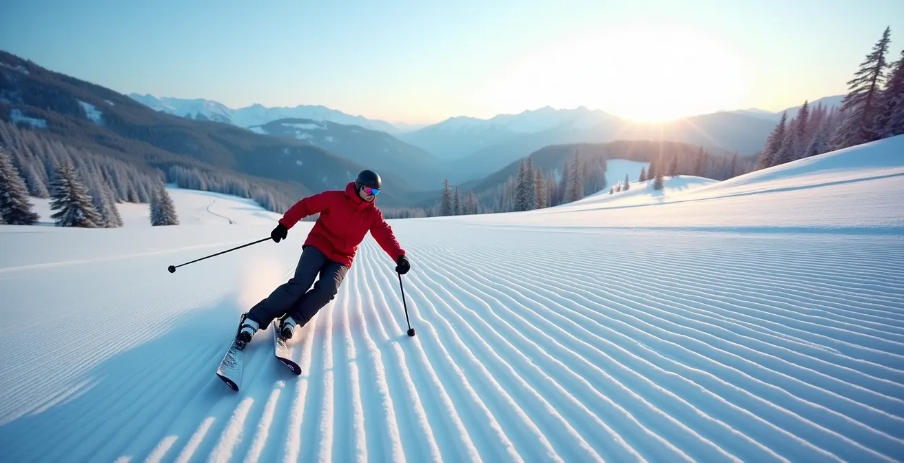 Moniteur ESF démontrant la position correcte pour le virage parallèle sur piste damée