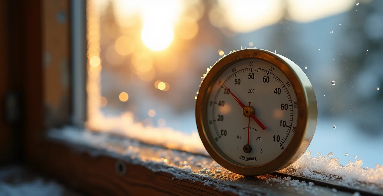 Vue macro sur thermomètre d'intérieur avec reflets de soleil hivernal