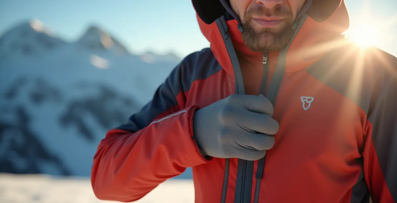 Skieur ouvrant les aérations sous les bras de sa veste technique avant la montée