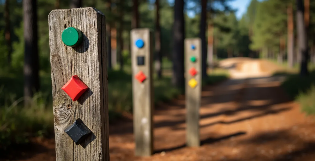 Panneaux de signalisation colorés d'un bike park français montrant les différents niveaux de difficulté des pistes