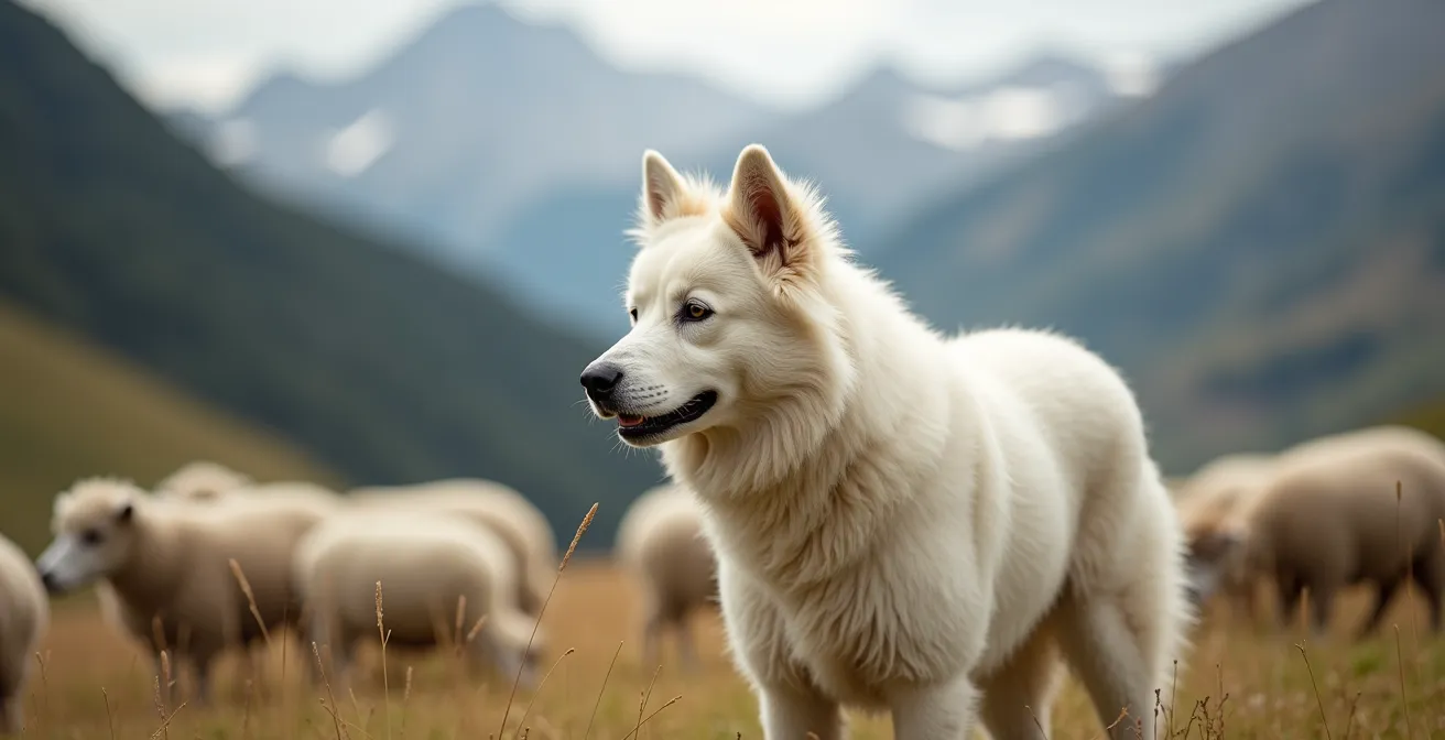 Chien Patou blanc surveillant un troupeau de brebis dans un alpage des Pyrénées