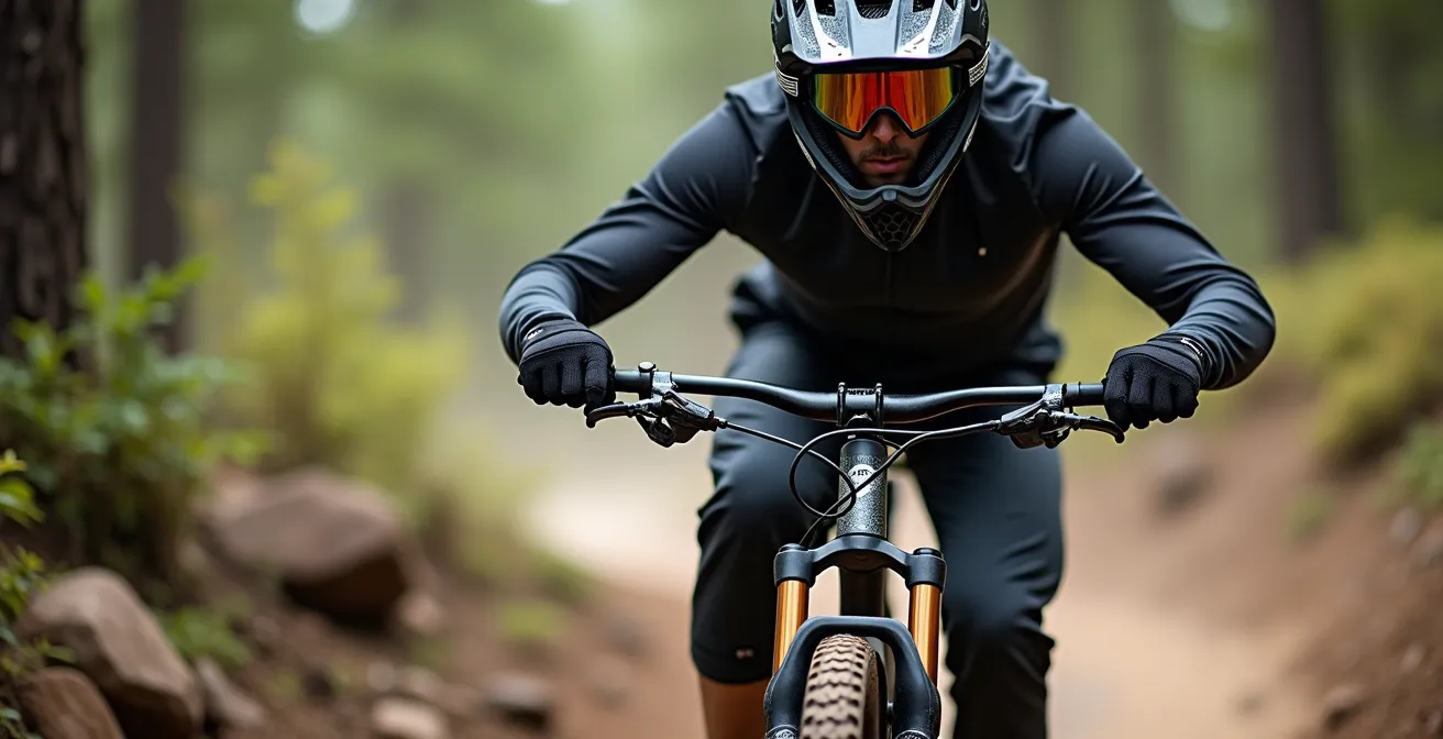 Vététiste en position d'attaque debout sur les pédales, bras et jambes fléchis, descendant une piste technique