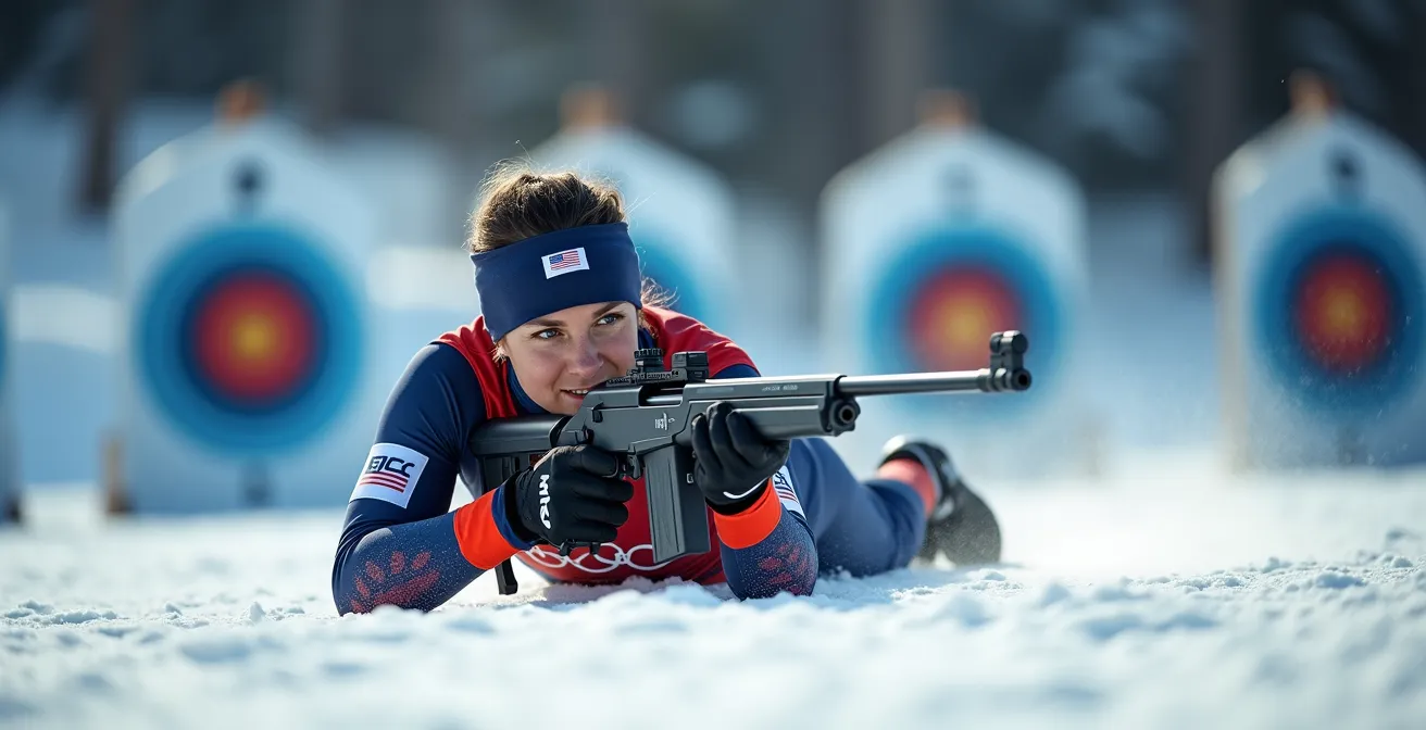 Biathlète en position de tir couché sur la neige avec carabine laser, concentration intense visible
