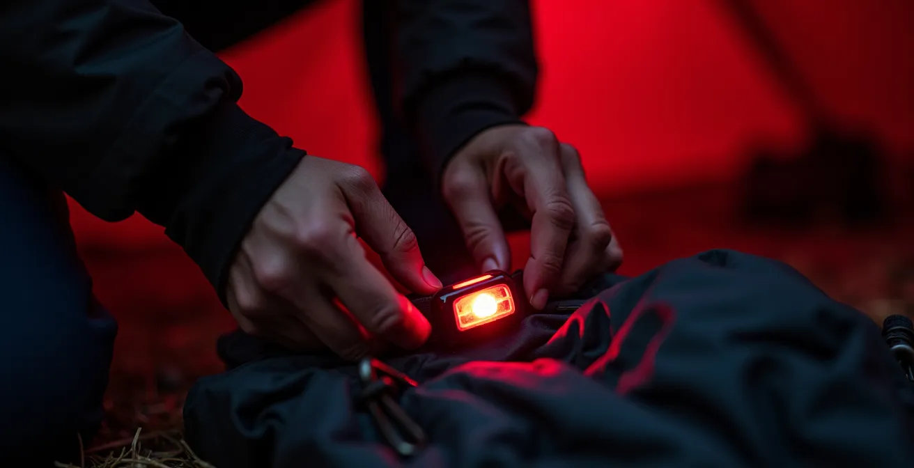 Randonneur préparant discrètement son sac dans la pénombre avec une lampe frontale à lumière rouge