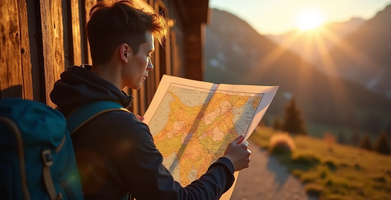 Randonneur consultant une carte IGN TOP25 devant un refuge de montagne au crépuscule