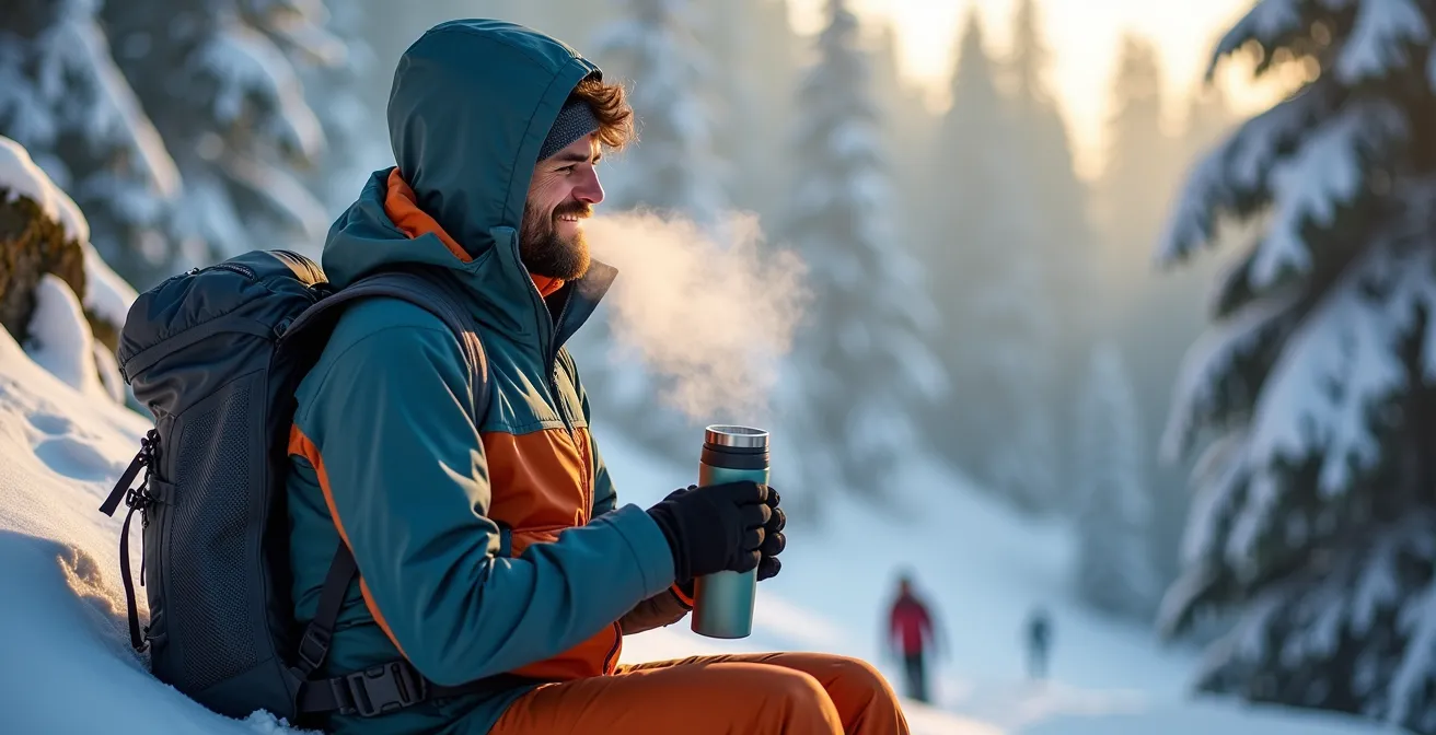 Randonneur ajustant ses couches de vêtements pendant une pause en randonnée hivernale
