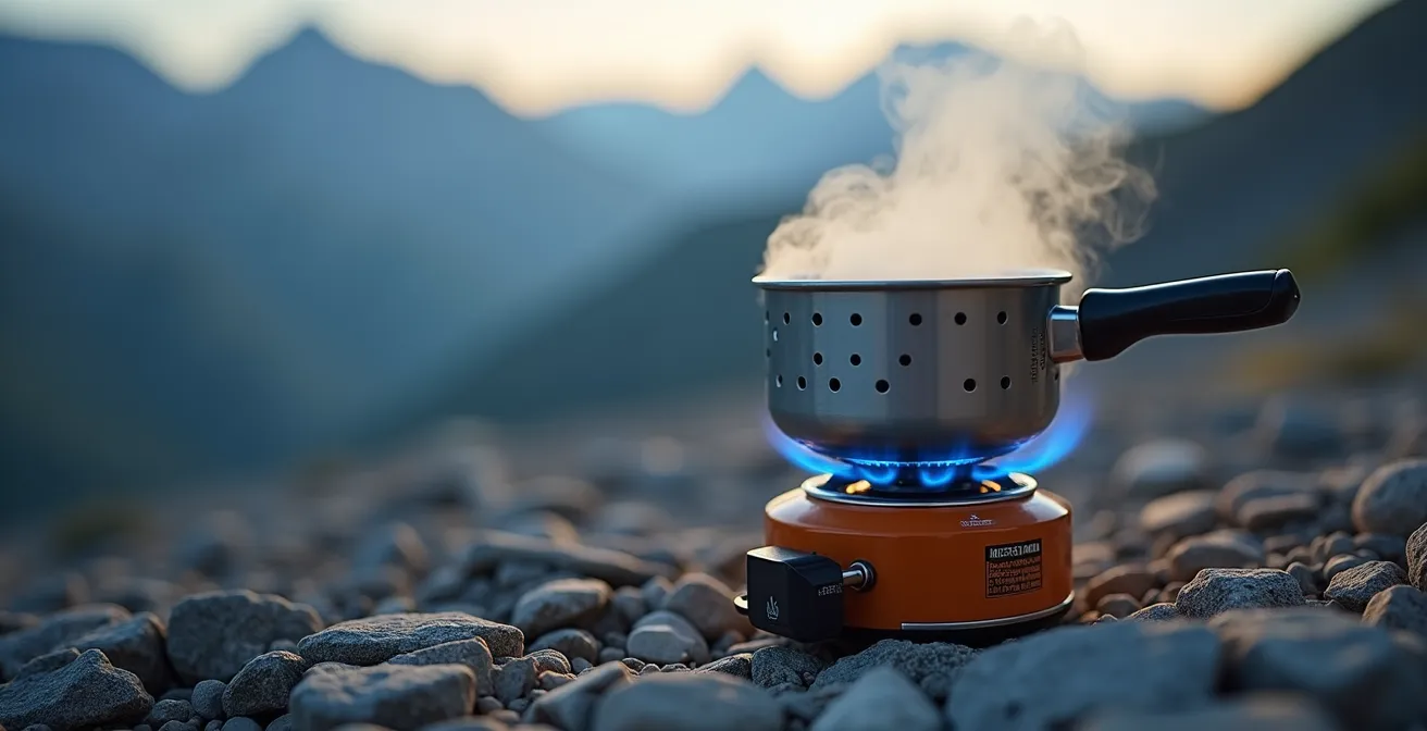 Réchaud de camping compact posé sur un rocher avec une casserole fumante en montagne