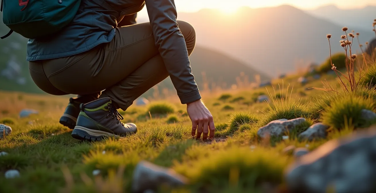 Randonneur examinant le sol herbeux avec précaution pour choisir un emplacement de bivouac